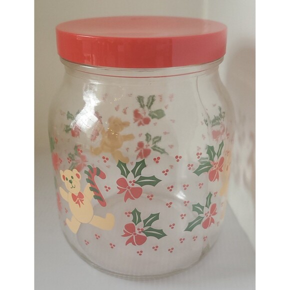 Anchor Hocking Glass Jar Canister Christmas Cookie Teddy Bear Holly Bows 7” VTG - Picture 2 of 7